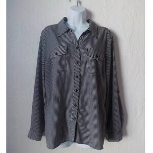 Notations Black Striped Button Up Shirt Women Sz Large Long Sleeve Career Casual